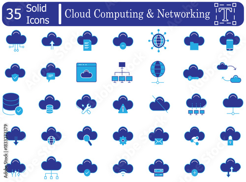 cloud computing network hosting data storage security database server solid icons collection. Fully editable and scalable vector illustration