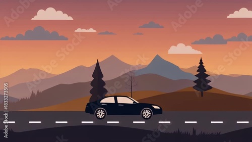 Animated car traveling on a scenic mountain highway at sunset with flat design style