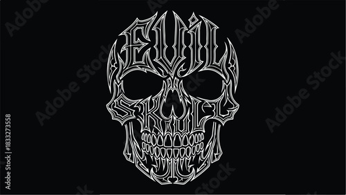Evil Skull Graphic Design White on Black Background.