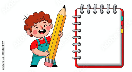 Happy cartoon boy holding giant pencil next to blank spiral notebook