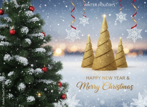 A Sparkling Christmas and New Year Celebration: A Winter Wonderland Scene with Trees and Snowflakes.