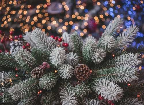 Christmas Tree Close-up: Frosted Branches, Pine Cones, and Festive Berries with Bokeh Lights in the Background