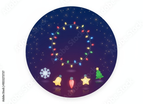 Christmas Night Sky: Holiday Lights, Ornaments, Snowflake, and Tree Glowing Under a Starry, Festive, Circular Design.