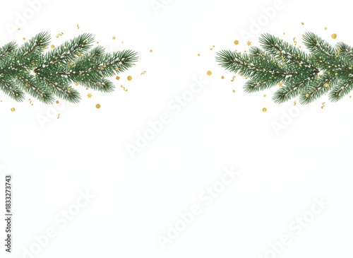 Elegant Christmas Festive Background with Evergreen Branches and Sparkling Gold Confetti Accents