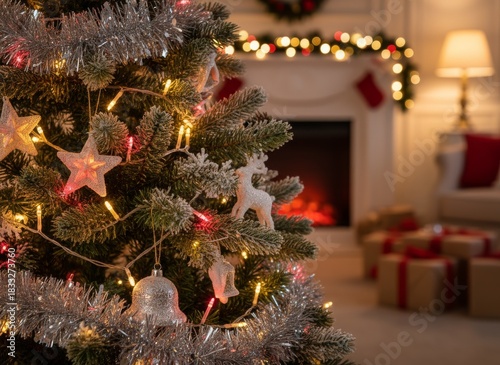 Christmas tree with lights and ornaments in cozy room with fireplace and presents blurred in background