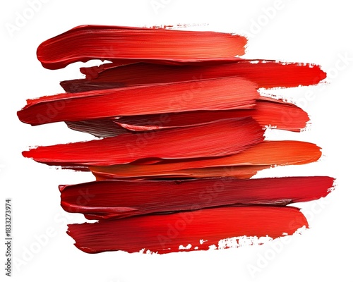 Multiple swatches of various shades of rich red cosmetic cream are layered horizontally on a white background.