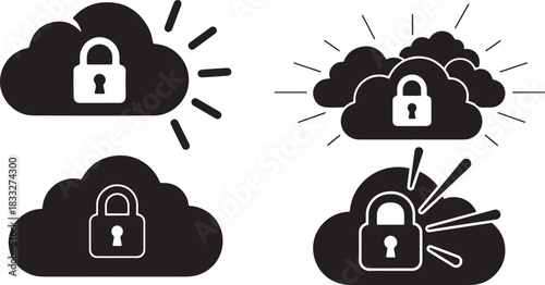 Secured Cloud Computing Vector Icons Set: Data Protection, Cyber Security, and Privacy Lock Symbol on Cloud Storage