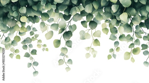 Delicate green foliage drapes downward against a bright white background in a watercolor style