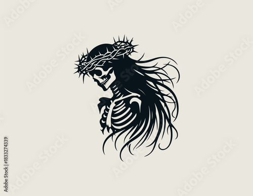 Detailed black and white vector skull adorned with a painful thorny crown. Dark gothic concept