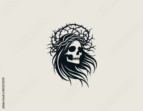 Detailed black and white vector skull adorned with a painful thorny crown. Dark gothic concept