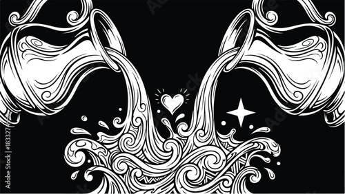 Aquarius Zodiac Sign Symbol with Pouring Water and Heart.