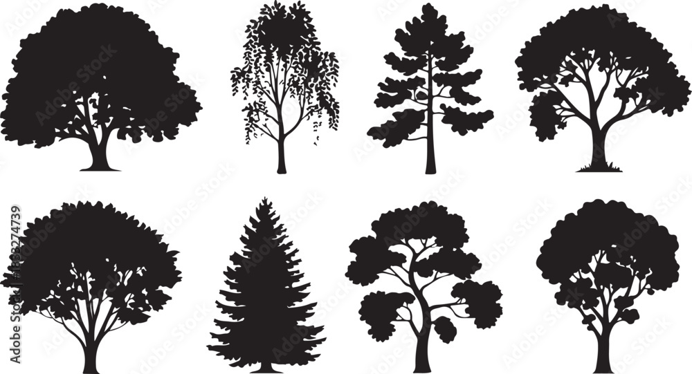 Fototapeta premium Collection of diverse tree silhouettes in black and white
