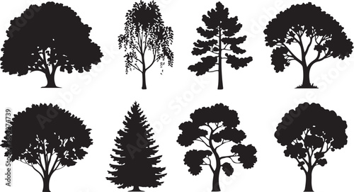 Collection of diverse tree silhouettes in black and white