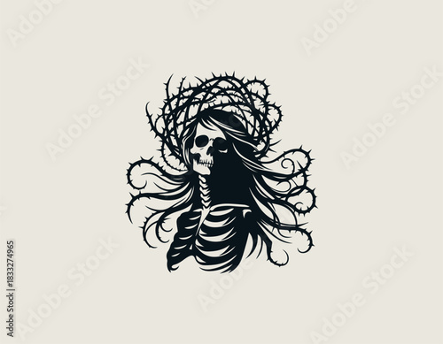 Detailed black and white vector skull adorned with a painful thorny crown. Dark gothic concept