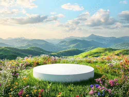 White cylindrical pedestal rests within a vibrant, sunlit mountain meadow blooming with numerous wildflowers