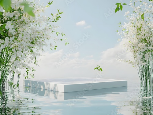Minimalist white platform rests above rippling water surrounded by lush flowering foliage under a bright sky