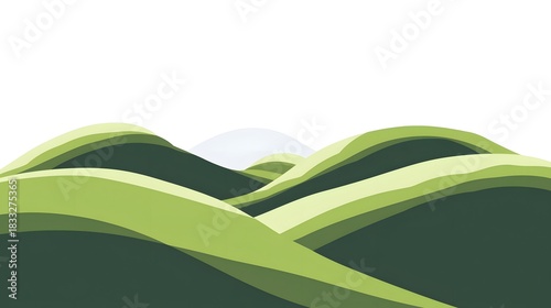 Layered green rolling hills feature a minimal graphic landscape design against a white background