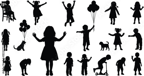 Silhouette collection of playful children jumping, running, holding balloons, playing with pets, and posing in various childhood activities for creative illustration projects