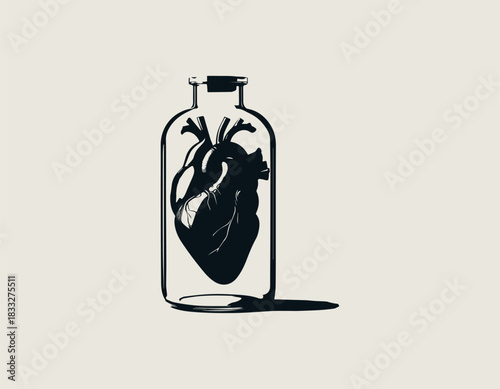 Anatomically correct human heart carefully preserved inside a clear glass jar. Medical study concept