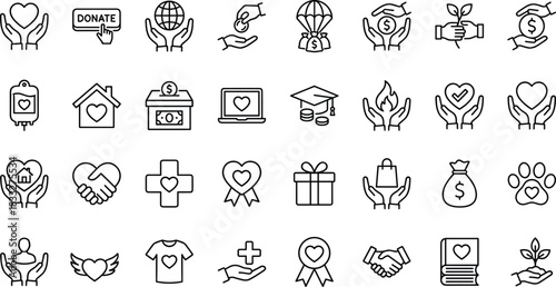 Charity and Donation Icons Set, Giving, Volunteering, Help, and Support Vector Line Symbols for Fundraising, Healthcare, Education, and Non-profit Organizations.