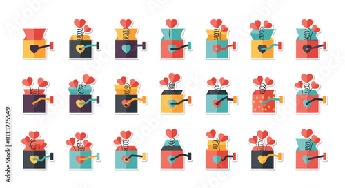 A colorful and playful collection of jack-in-the-box toy stickers, with hearts popping out for a Valentine's Day surprise.