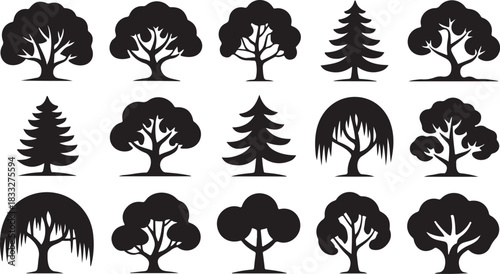 Collection of diverse tree silhouettes in black and white