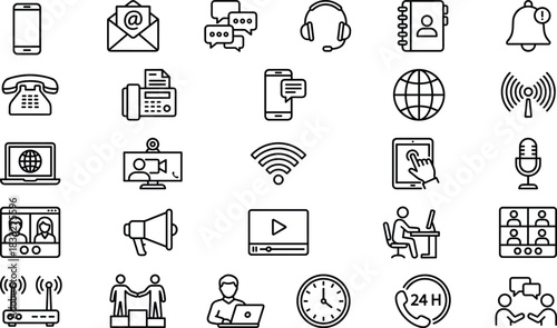 Communication, Network, and Technology Icons Set, Wireless, Call, Video Conference, Phone, and Global Connection Vector Line Symbols Collection.