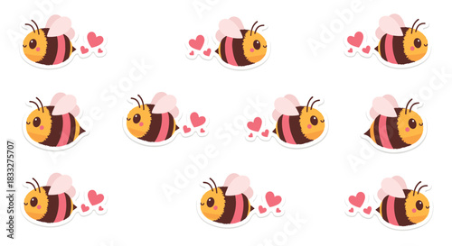 An adorable repeating pattern of cute cartoon bees flying with a trail of little pink hearts, perfect for Valentine's Day.
