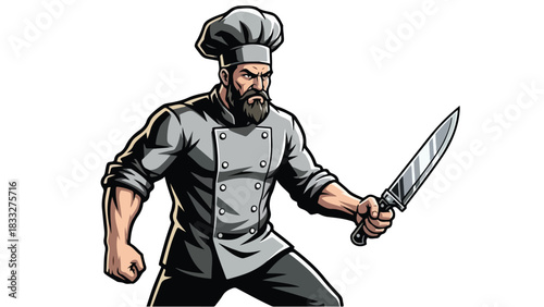 Illustration of a muscular chef holding a large knife.