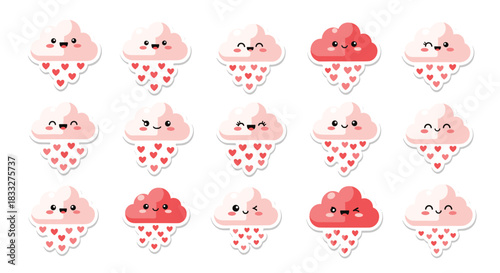A collection of kawaii cloud character stickers with cute faces, raining down a shower of tiny red and pink hearts.