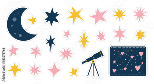 A whimsical sticker set for astronomy lovers, featuring a crescent moon, colorful stars, a telescope, and a heart constellation.