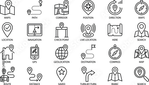 Maps, Navigation, and Location Icons Set, GPS, Route, Path, Direction, Geolocation, and Search Vector Line Symbols Collection.