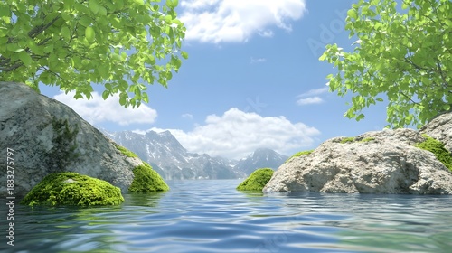 Serene mountain lake scene features clear water, bright foliage, and rugged stones under a blue sky