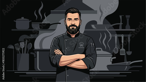 Professional Chef Posing Confidently in a Modern Kitchen.