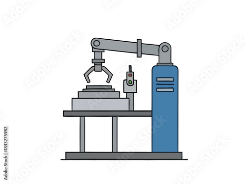 Iconic flat line illustration of an industrial robotic arm demonstrating an automated manufacturing process, symbolizing modern factory technology, efficiency, and smart production