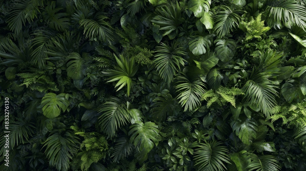 Fototapeta premium Lush green jungle foliage dense with vibrant flora. Artificial intelligence image