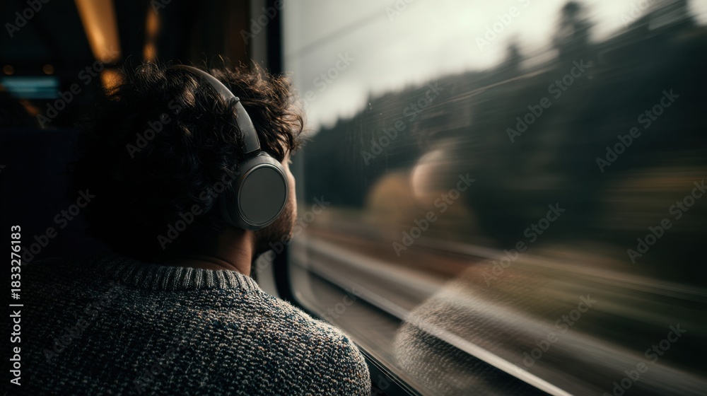 Obraz premium A young person wearing headphones gazes out of the train window taking in the passing landscape of trees and hills during the late afternoon.