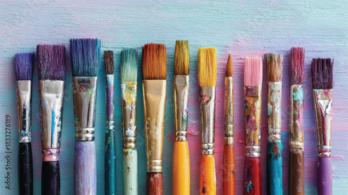 Assortment of colorful paint brushes on a colorful wooden background flat lay