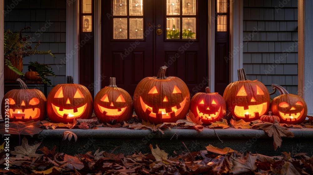 Obraz premium Enchanting halloween evening featuring glowing jack o lanterns and cozy ambient porch lighting