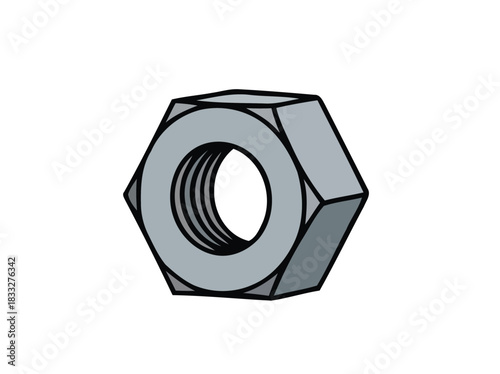 Hexagonal nut with internal threading, a common fastener in mechanical and construction applications, manufactured from metal