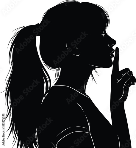 Silhouette of woman making quiet gesture with finger on lips, representing silence, secrecy, calm communication, privacy message and confidential concept