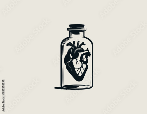 Anatomically correct human heart carefully preserved inside a clear glass jar. Medical study concept