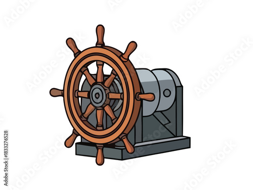 Vector illustration of a classic wooden ship's steering wheel, also known as a helm, connected to its mechanism, representing marine navigation and control