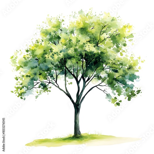Watercolor illustration depicts a solitary deciduous tree with vibrant green foliage isolated on a white background