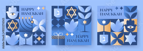 Hanukkah vector illustrations.Festive backgrounds with hamsa,dove,dreidel,gift,wine,gift,David star in blue,gold and white colors.Jewish festival of lights greetings for prints,covers,invitations.