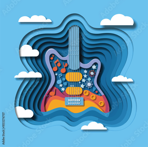 Electric Guitar with Musical Notes in Layered Paper Art Style