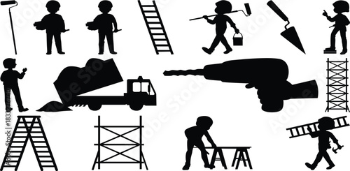 Extensive Vector Icon Set of Construction and Building Silhouettes, featuring Workers, Tools, Heavy Equipment, Safety Signs, and Barriers for Industrial and Home Repair Graphics