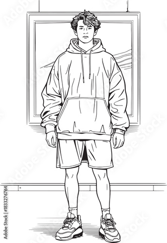 Art Connoisseur: A young man, in a gallery. With the gaze, a hoodie and shorts