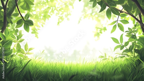 Vibrant green foliage frames a bright, sunlit opening in a natural environment