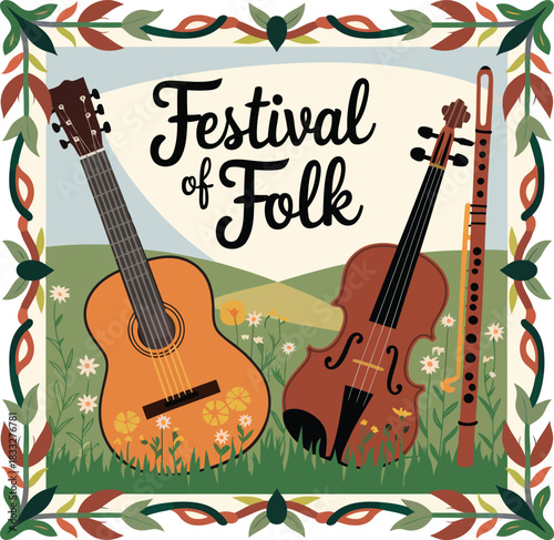 Folk Festival Instruments in a Floral Meadow folk music
